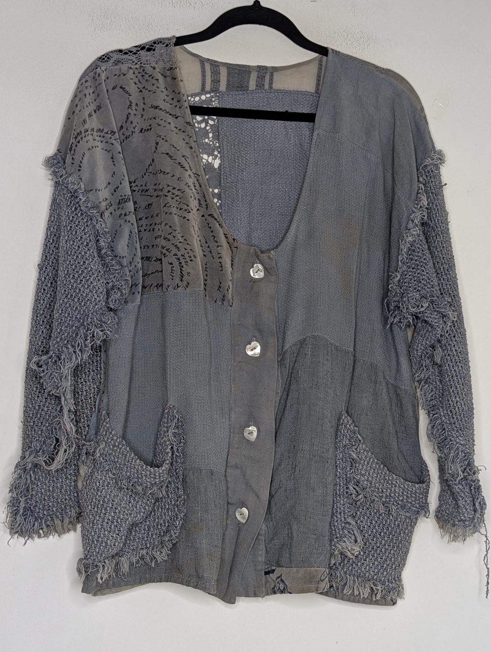 Grau boho  reworked mixed print ruffle lace trim jacket